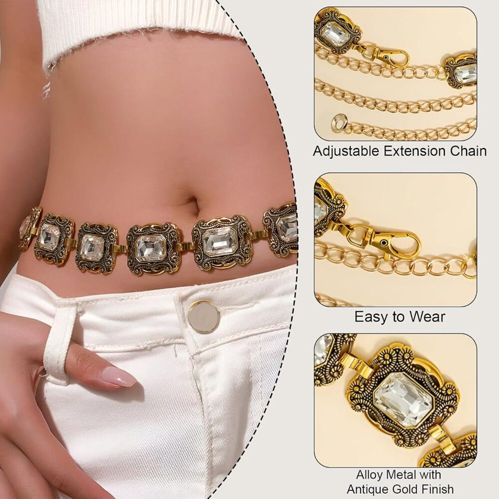 Antique Gold Crystal Statement Waist Chain Belt Adjustable